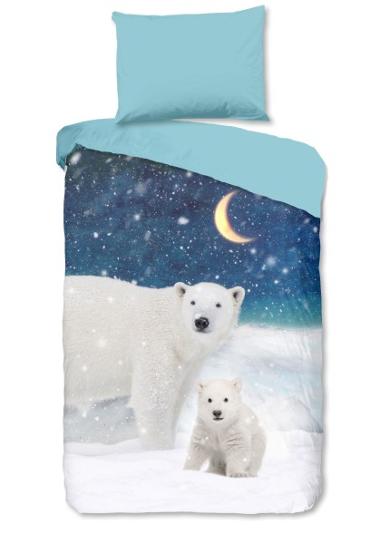 Traumschloss Flanell Kinder Bettwäsche - Polar - Eisbären im Schnee bei Nacht