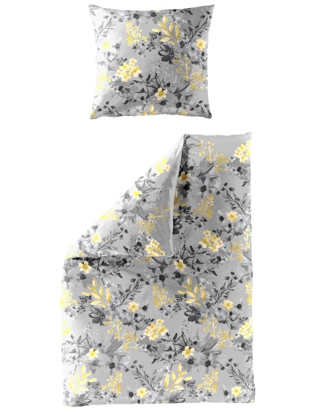Traumschloss Satin Bettwäsche - 6475_40 - Blumen in gelb auf grauem Hintergrund