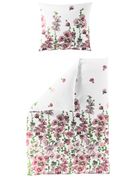 Traumschloss Seersucker Bettwäsche - 3682-70 - feige, Blumen in rosa auf weißem Hintergrund