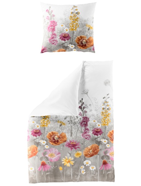 Traumschloss Satin Bettwäsche - 3961_81 - farbenfrohe Blumen auf grauem Hintergrund