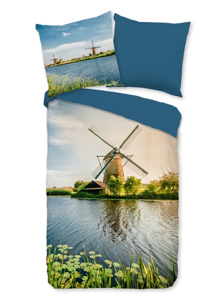 Traumschloss Renforcé Bettwäsche - Windmühle, Wasser, Fluss, blau