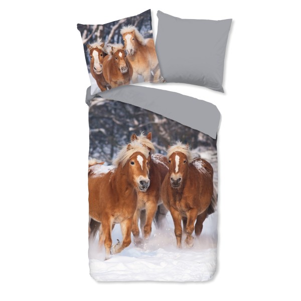 Traumschloss Flanell Kinder Bettwäsche - Happy Horses - Pferde im Schnee