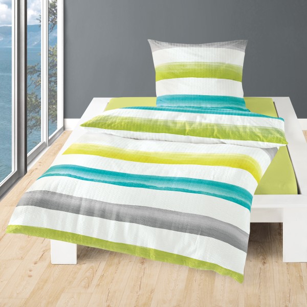 Traumschloss Seersucker Bettwäsche - Streifen in grün, grau, blau auf weißem Hintergrund