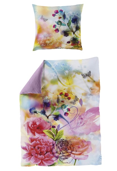 Traumschloss Mako-Satin Digitaldruck Bettwäsche - 5035_01 - bunte Blumen mit inspirierendem Spruch