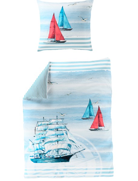 Traumschloss Mako-Satin Digitaldruck Bettwäsche - 5227_20- Segelschiff, Streifen, blau