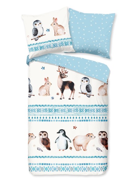 Traumschloss Flanell Kinder Bettwäsche - Freezing - Wintertiere auf blau weißem Hintergrund