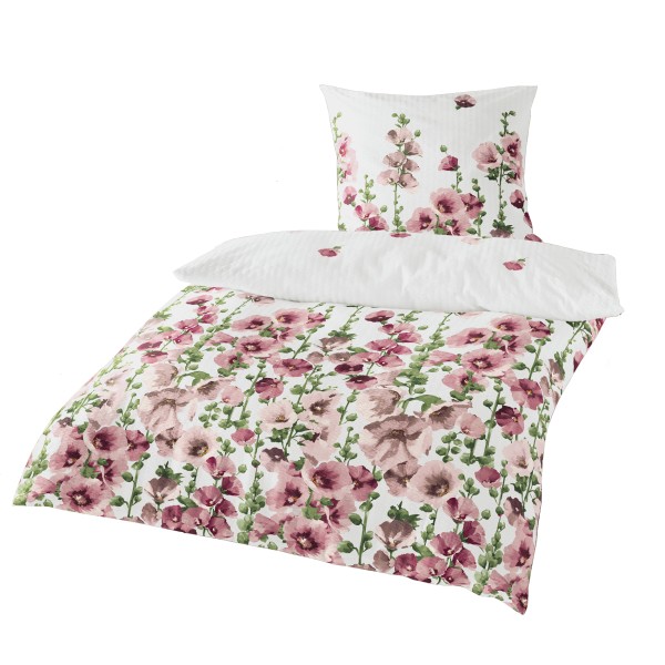 Traumschloss Seersucker Bettwäsche - 3682-70 - feige, Blumen in rosa auf weißem Hintergrund