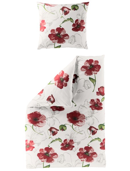 Traumschloss Seersucker Bettwäsche -3520_02 - rote Blumen auf weißem Hintergrund
