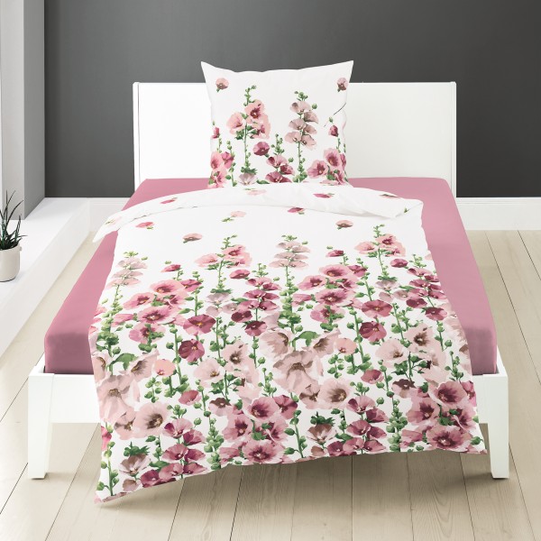 Traumschloss Seersucker Bettwäsche - Blumen in rosa auf weißem Hintergrund