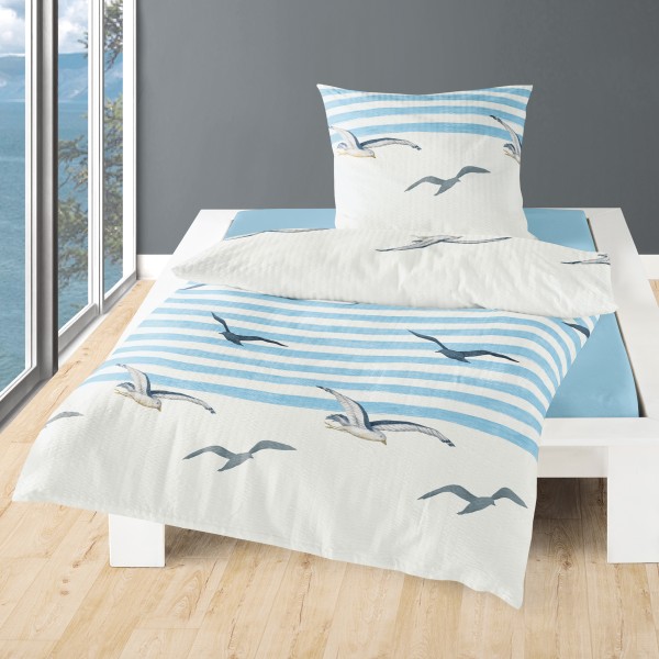 Traumschloss Seersucker Bettwäsche - Möwen auf weißem Hintergrund mit blauen Streifen