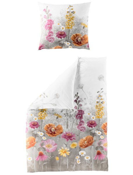 Traumschloss Satin Bettwäsche - 3961_81 - farbenfrohe Blumen auf grauem Hintergrund